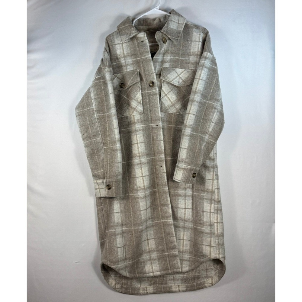 American Eagle Tan Plaid Longline Shacket Oversized Button Front Coat Medium